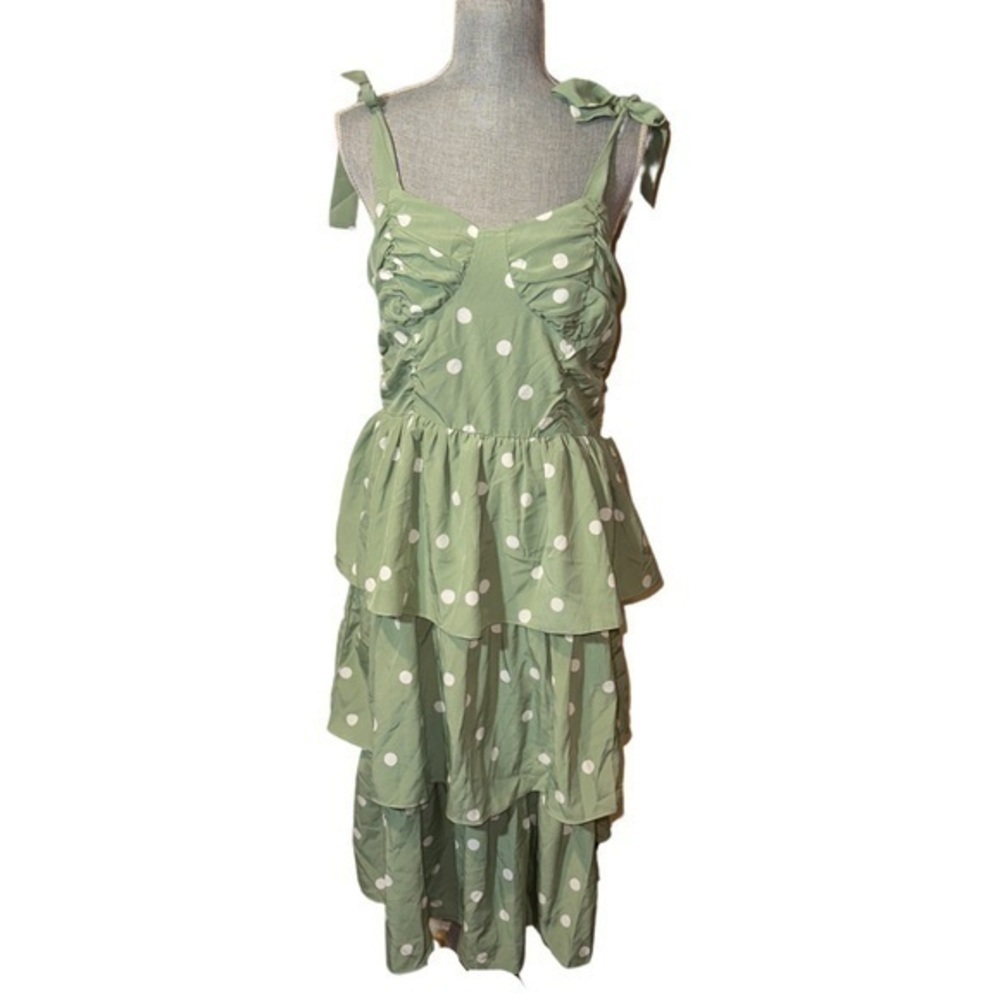 PrettyLittleThing Polka Dot Structured Bodice Tie Strap Tiered Midi Dress NEW - Picture 6 of 10